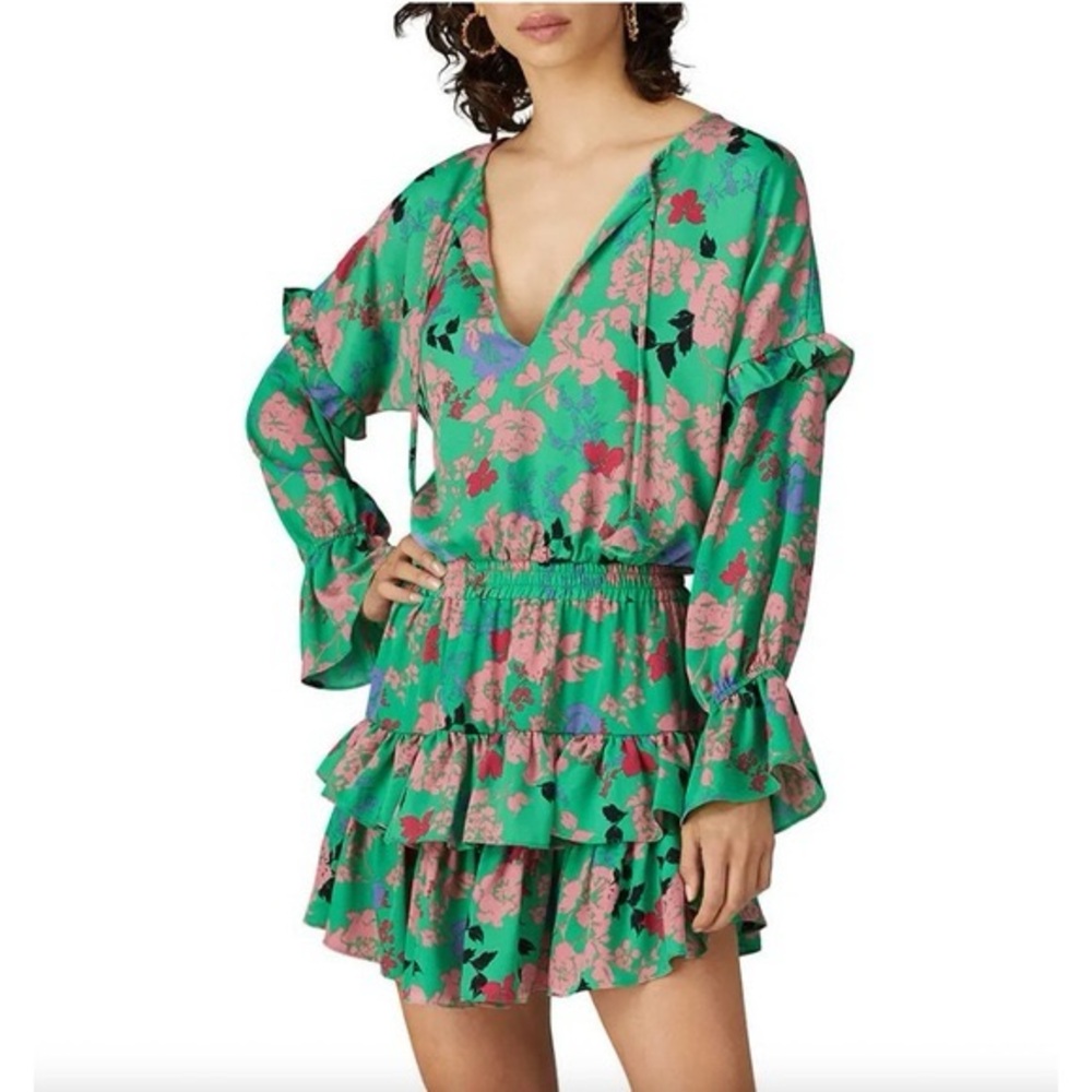 Misa Los Angeles Green and Pink Floral Long Sleeve Dress